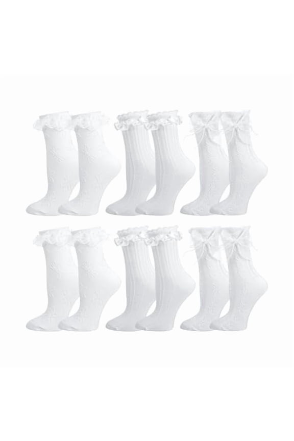 6 Pairs Lace Ruffle Crew Socks for Women,Cotton Cute Princess Ankle Dress Lace Socks for Women Girls