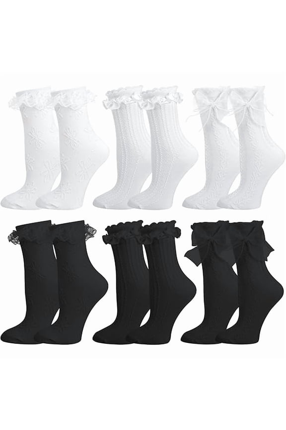 6 Pairs Lace Ruffle Crew Socks for Women,Cotton Cute Princess Ankle Dress Lace Socks for Women Girls