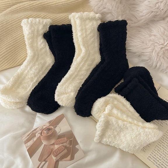 6 Pairs Ladies Fuzzy Mid‑Calf Crew Socks, Soft Fluffy Striped Coral Fleece Socks, Warm Cozy Moisture Wicking Casual Home Socks for Cold Weather Indoor Daily Wear