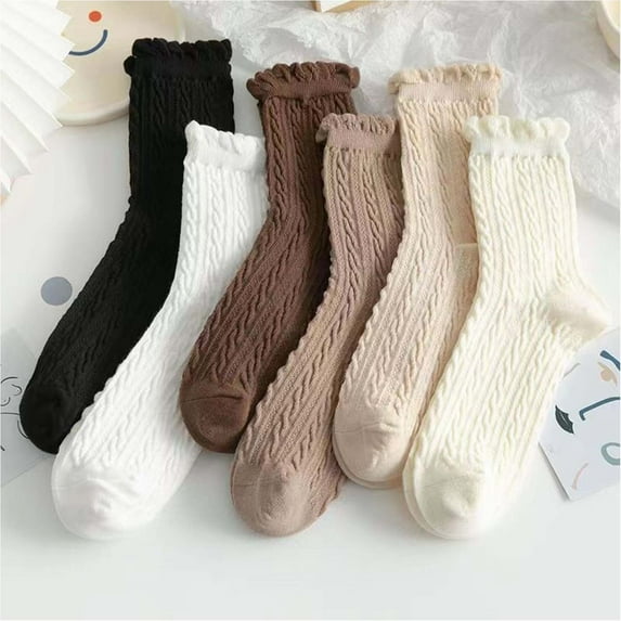 6 Pairs Ladies Mid-Calf Stack Socks Ruffle Trim Autumn Casual Solid Color Socks