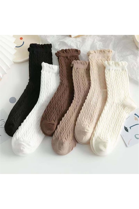 6 Pairs Ladies Mid-Calf Stack Socks Ruffle Trim Autumn Casual Solid Color Socks