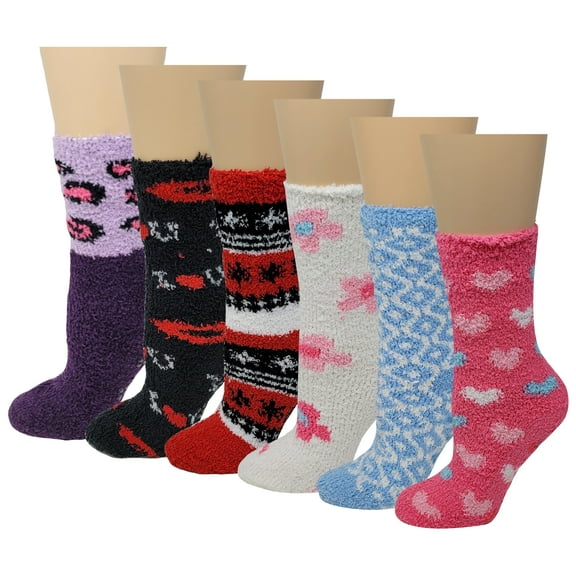 6 Pairs Ladies Premium Soft Comfy Fuzzy Plush Non-Skid Winter Warm Slipper Socks