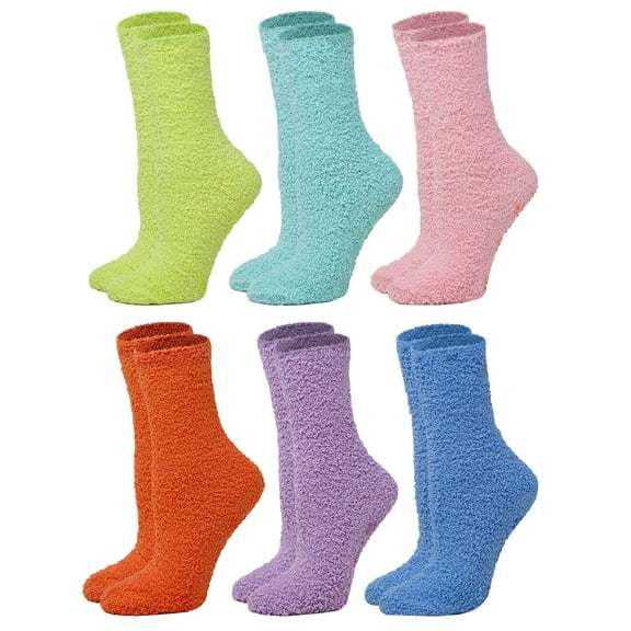 6 Pairs Ladies Premium Soft Warm Winter Plush Non-Skid Cozy Slipper Solid Colors Socks
