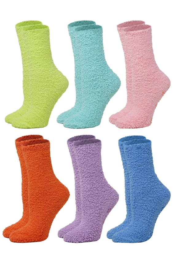 6 Pairs Ladies Premium Soft Warm Winter Plush Non-Skid Cozy Slipper Solid Colors Socks