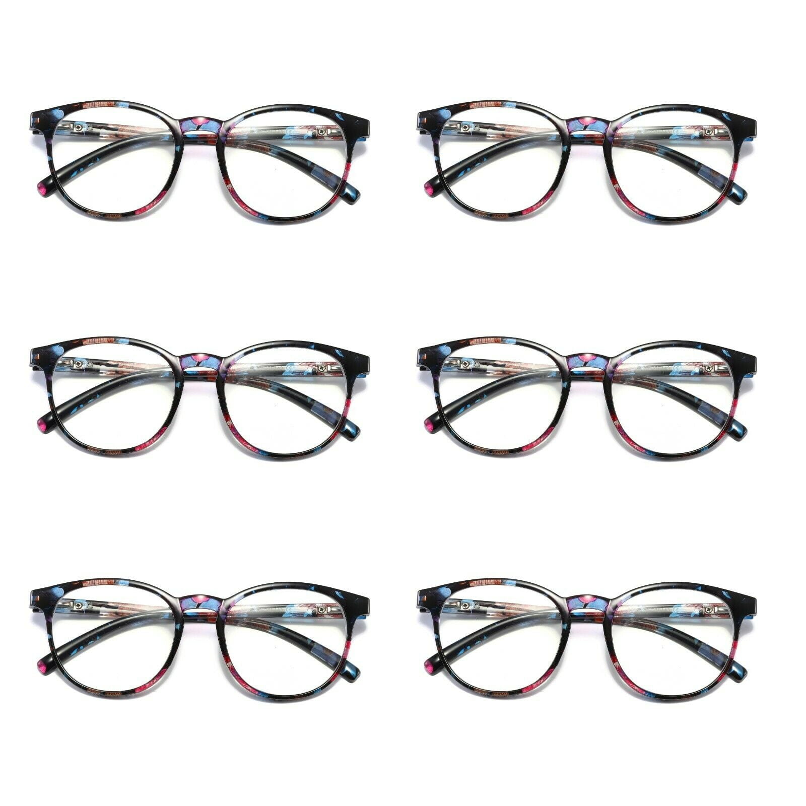6 Pairs Ladies Womens Round Big Frame Blue Light Blocking Reading Glasses Spring Hinge Readers +1.75
