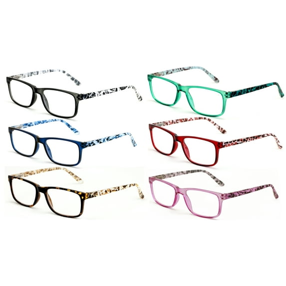6 Pairs Lightweight Spring Hinge Tile Design Rectangular Reading Glasses - Clear Lens Reader Men Women 7014 +1.50