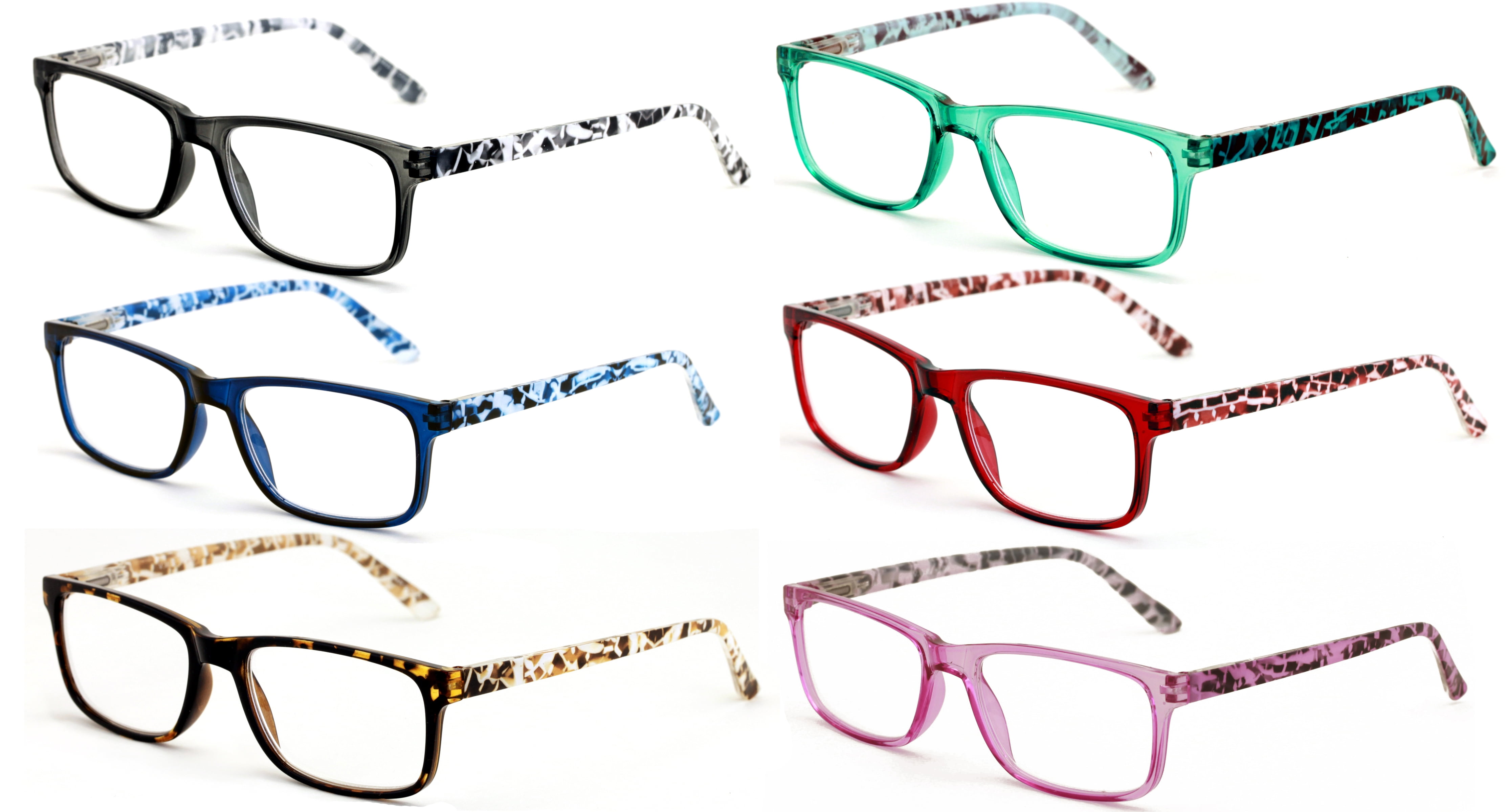 6 Pairs Lightweight Spring Hinge Tile Design Rectangular Reading Glasses - Clear Lens Reader Men Women 7014 +2.75