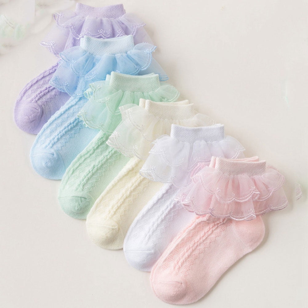 6 Pairs Little Girls Cotton Lace Socks Ruffle Eyelet Frilly Ankle Princess Casual Dress Socks for Infant Toddlers Kids Gift Set 1-12 Years