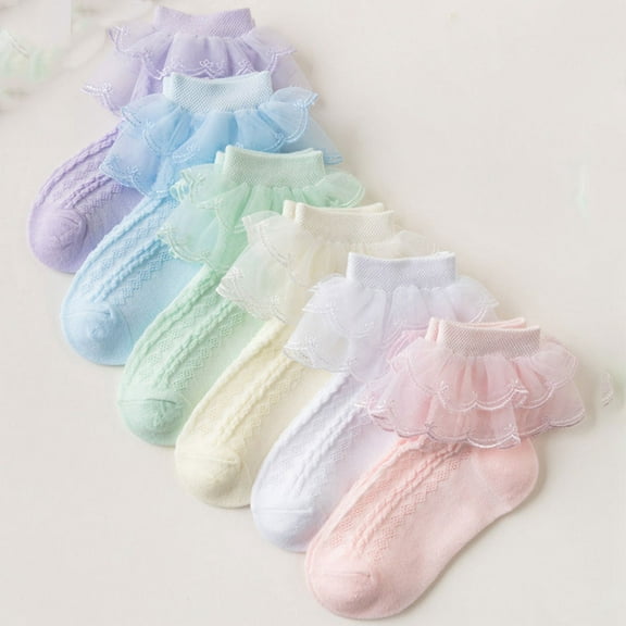 6 Pairs Little Girls Cotton Lace Socks Ruffle Eyelet Frilly Ankle Princess Casual Dress Socks for Infant Toddlers Kids Gift Set 1-12 Years