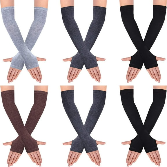 6 Pairs Long Fingerless Gloves for Women Knit Thigh High Striped Arm Warmer Thumb Hole Stretchy Gloves