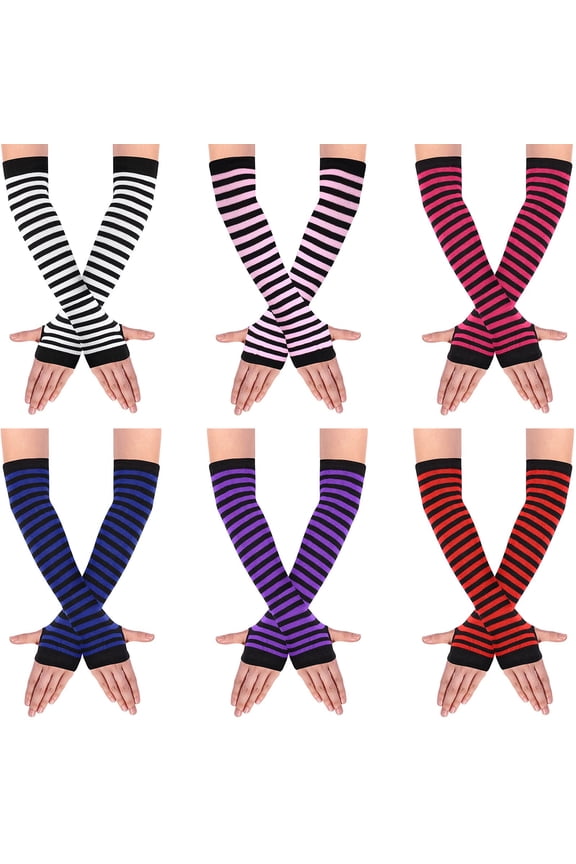 6 Pairs Long Fingerless Gloves for Women Knit Thigh High Striped Arm Warmer Thumb Hole Stretchy Gloves