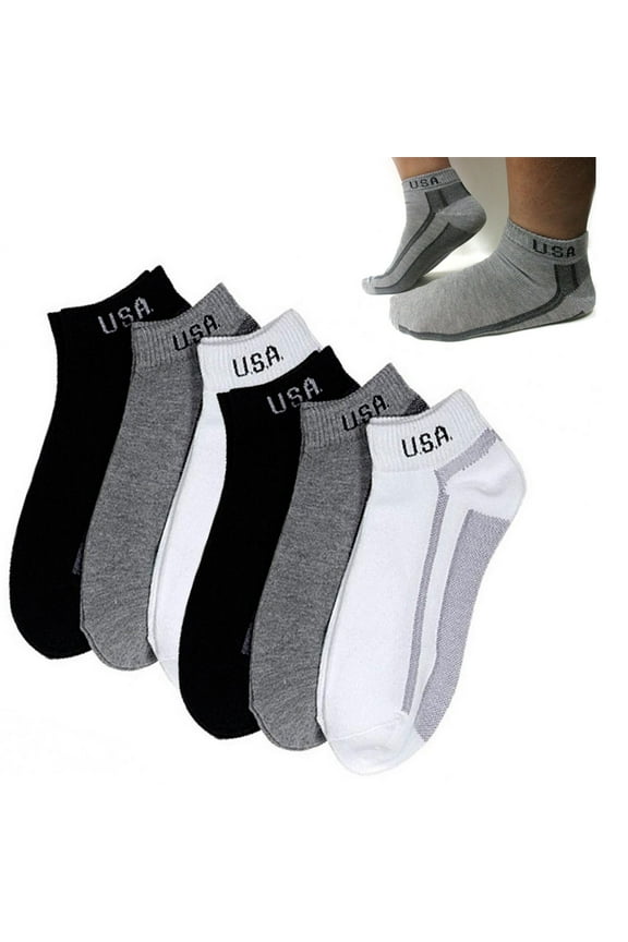 6 Pairs Low Cut Crew Mens Socks Ankle Quarter 9-11 Sport Black Grey Charcoal