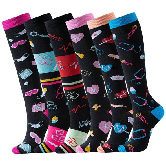 6 Pairs Medical Instruments Printed Compression Socks for Men & Women Knee High Leg Support Stockings