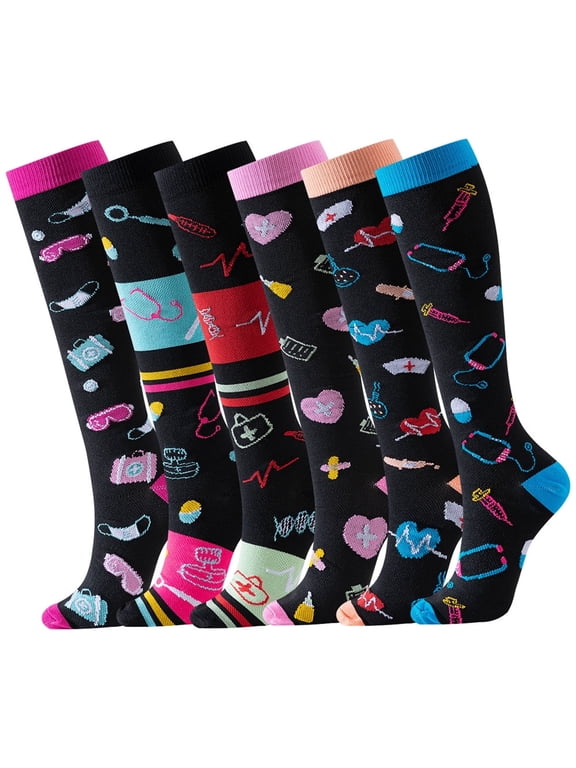 6 Pairs Medical Instruments Printed Compression Socks for Men & Women Knee High Leg Support Stockings