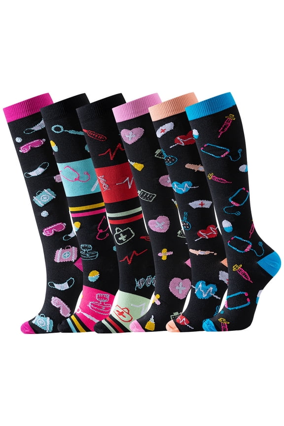 6 Pairs Medical Instruments Printed Compression Socks for Men & Women Knee High Leg Support Stockings