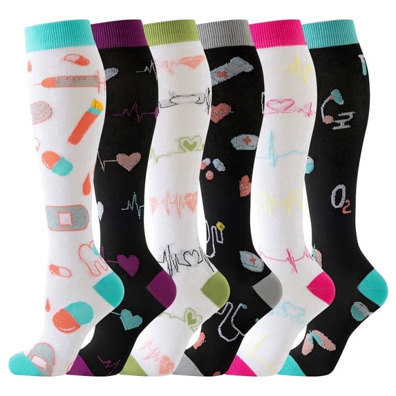 6 Pairs Printed Compression Socks for Men & Women Knee High Leg Support Stockings