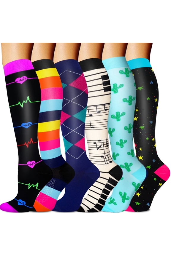 6 Pairs Medical Sport Compression Socks - 15-20mmhg Graduated Knee-High Support for Men & Women, Ideal for Soccer, Running, and Nurses