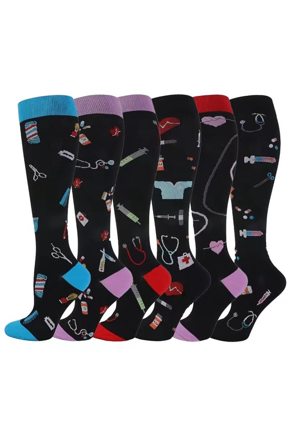 6 Pairs Medical Theme Printed Unisex Compression Socks for OutdoorSports, Fitness, Running, Cycling, Exercise, Yoga