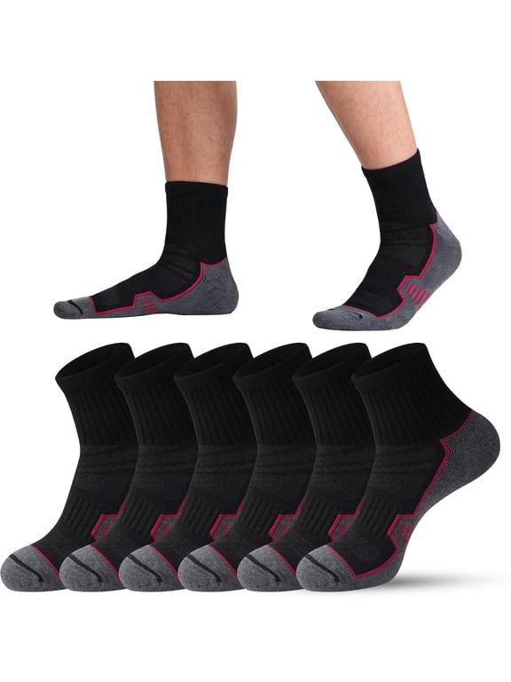 Men's Ankle Running Socks, Cushioned Moisture Wicking, Black, Size 10-13, 6 Pairs