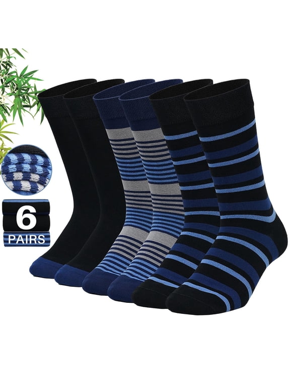 Mens Dress Socks, PUTUO Bamboo Viscose Dress Socks for Men, Seamless Striped Casual Socks for Business 6-Pair