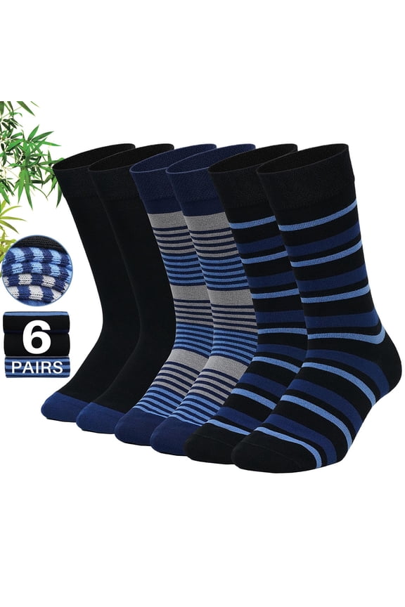Mens Dress Socks, PUTUO Bamboo Viscose Dress Socks for Men, Seamless Striped Casual Socks for Business 6-Pair