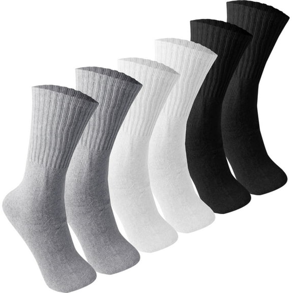 6 Pairs Men's Black/White/Gray Sports Athletic Cotton Crew Socks Size 9-11,10-13