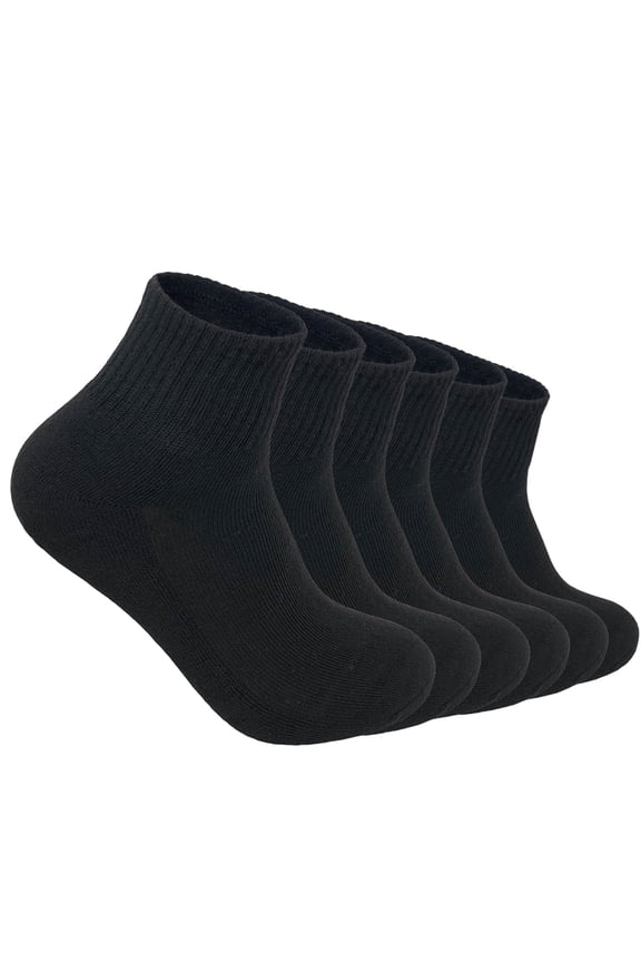 6 Pairs Men's Cotton Solid Black Athletic Cushioned Ankle Quarter Socks Size 10-13