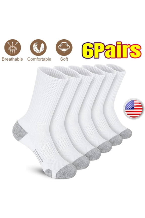 6 Pairs Men's Crew Socks Athletic Running Sports Socks, Cushioned Moisture Wicking, Breathable Arch Support