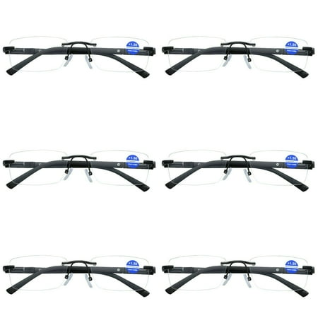 6 Pairs Mens Rectangular Rimless Blue Light Blocking Reading Glasses Spring Hinge Readers +2.50