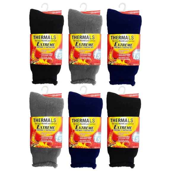 6 Pairs Mens Thermal Socks, Brushed Interior Warm Winter Thick Heavy Duty Cushioned Crew Sock, Bulk Pack (Assorted)