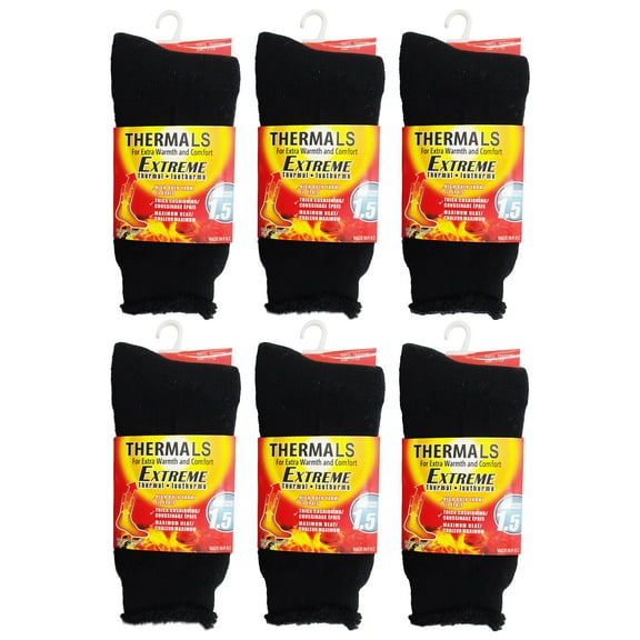 6 Pairs Mens Thermal Socks, Brushed Interior Warm Winter Thick Heavy Duty Cushioned Crew Sock, Bulk Pack (Black)