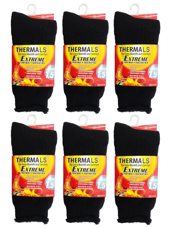 6 Pairs Mens Thermal Socks, Brushed Interior Warm Winter Thick Heavy Duty Cushioned Crew Sock, Bulk Pack (Black)
