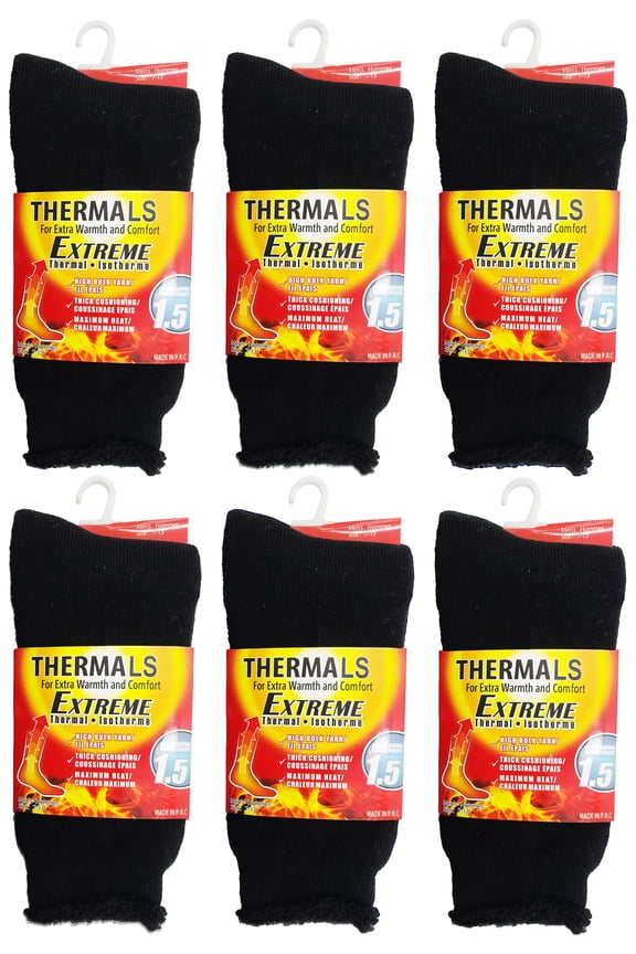 6 Pairs Mens Thermal Socks, Brushed Interior Warm Winter Thick Heavy Duty Cushioned Crew Sock, Bulk Pack (Black)