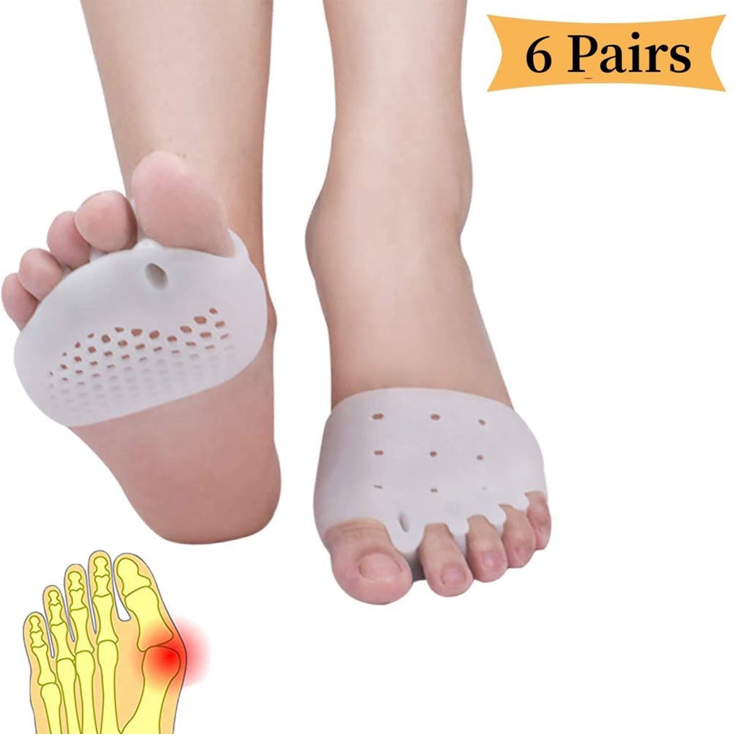 6 Pairs Metatarsal Pads, Toe Separator, Gel Metatarsal Cushion Toe Separators, Forefoot Pads, Toe Spacers, Breathable & Soft Gel, Best for Diabetic Feet, Blisters, Forefoot Pai