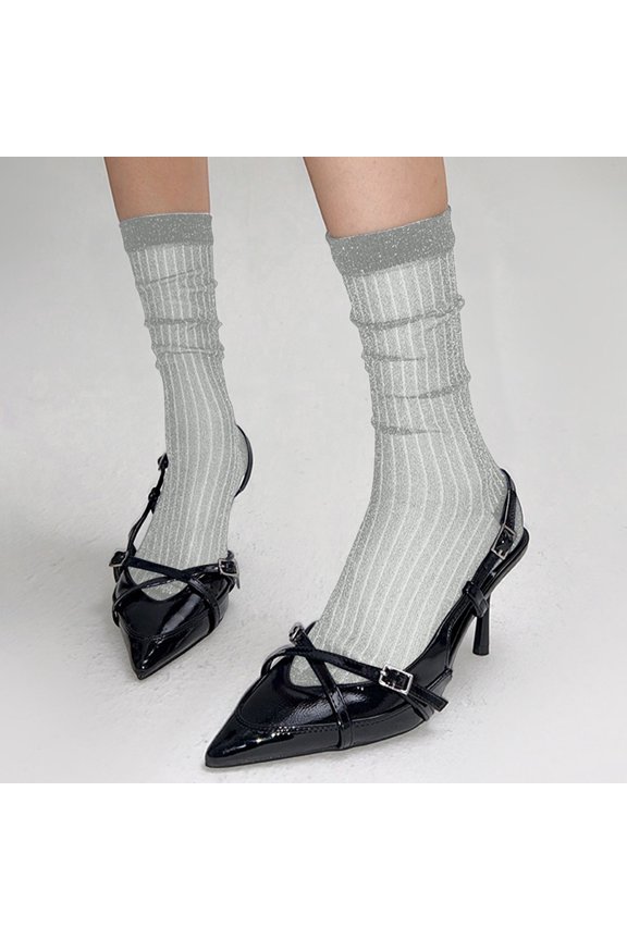 6 Pairs Mid-Calf Socks Women Thin Stack Socks Summer Metallic Yarn Shiny Silk Socks