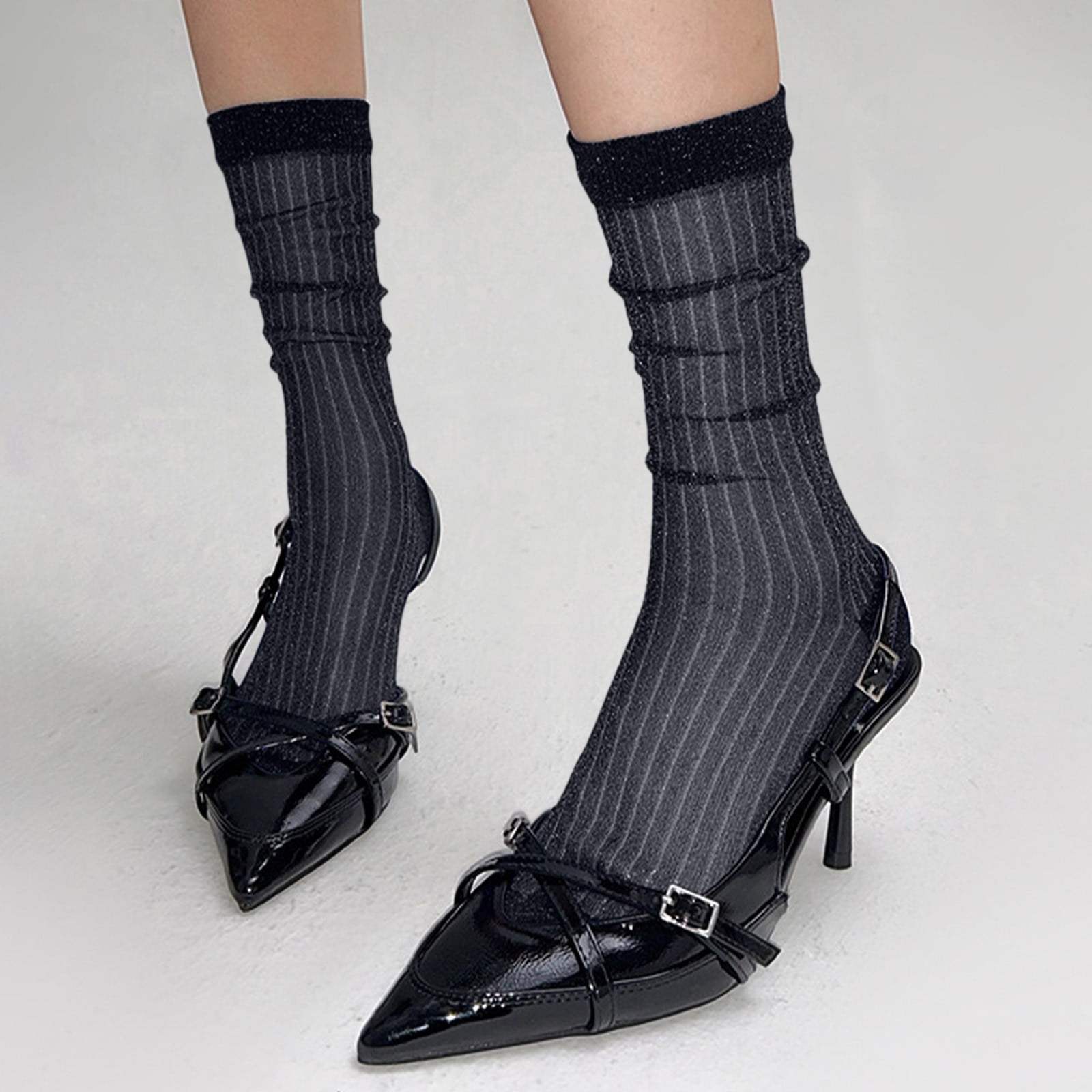 6 Pairs Mid-Calf Socks Women Thin Stack Socks Summer Metallic Yarn ...