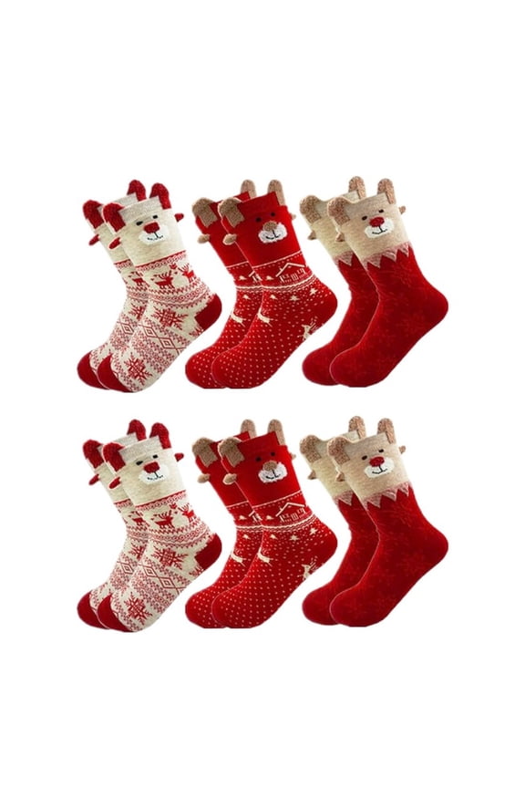 6 Pairs of New Autumn And Winter Christmas Socks for Men And Women Featuring Santa Claus, Snowflakes, And Cute Cartoon Reindeer, Perfect for The Holiday Season.