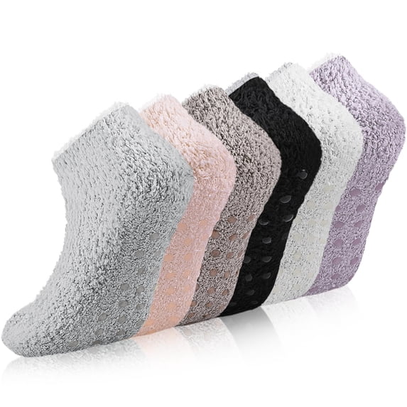 6 Pairs Non Slip Hospital Socks for Women Fluffy Fuzzy Slipper Socks with Grips