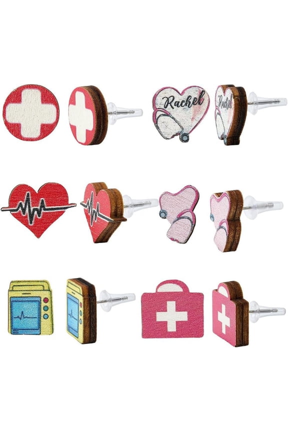 6 Pairs Nurse Stud Earrings Bulk Medical Wood Ear Posts Heart Stethoscope Nurses' Day Charms Colorful Natural Wood Charm Wooden Earring Studs