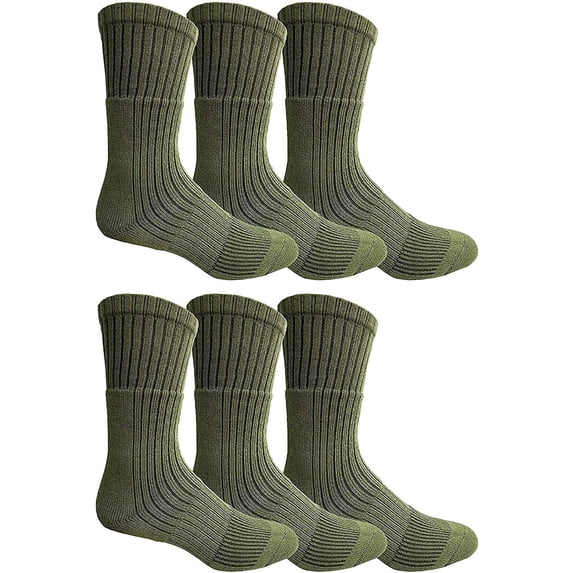 6 Pairs Of Mens Military Grade Thick Padded Terry Lined Cotton Socks, Ribbed, Dry Wicking, Heavy Duty Crew Sock Green