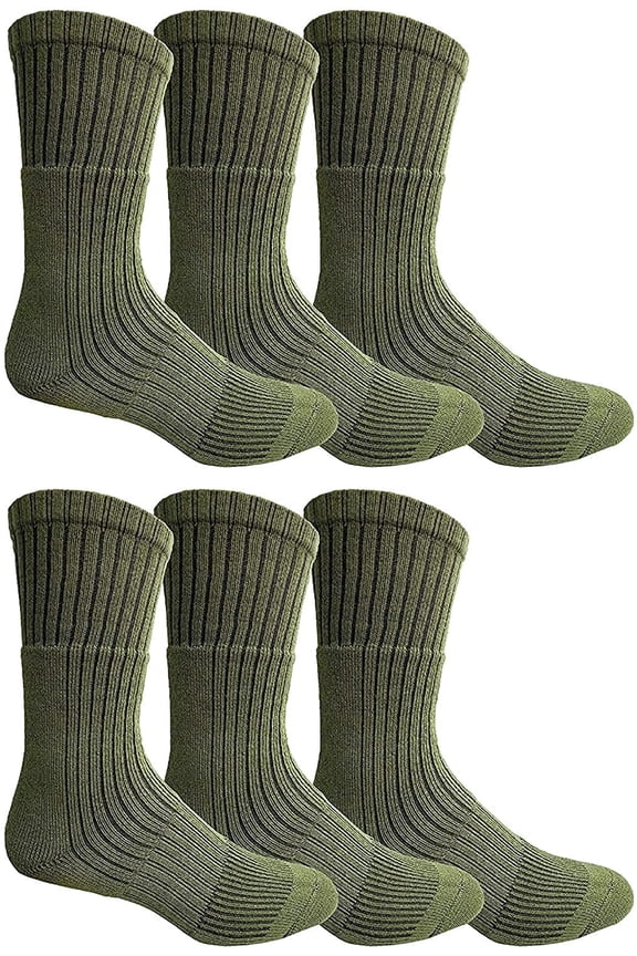 6 Pairs Of Mens Military Grade Thick Padded Terry Lined Cotton Socks, Ribbed, Dry Wicking, Heavy Duty Crew Sock Green