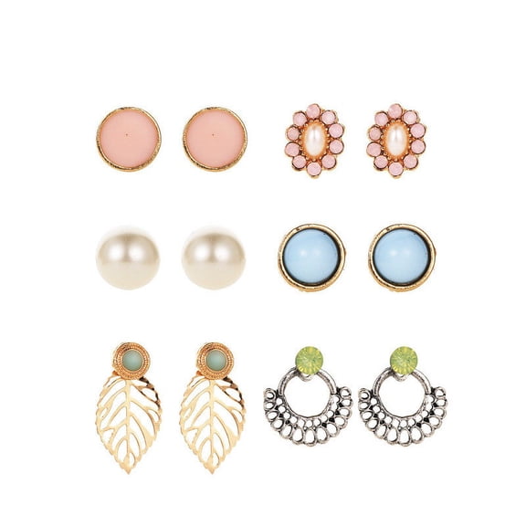 6 Pairs Of Pearl Flower Earrings Set Fashionable Hollow Leaf Earrings