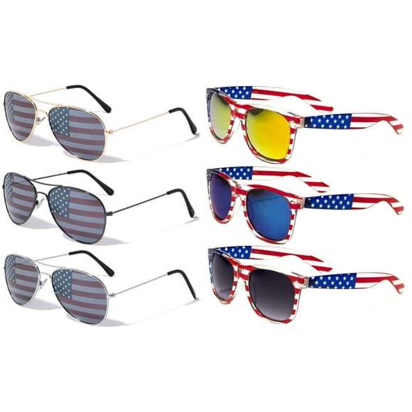 6 Pairs Of USA American Flag Print Sunglasses - Patriotic - Sun Protection