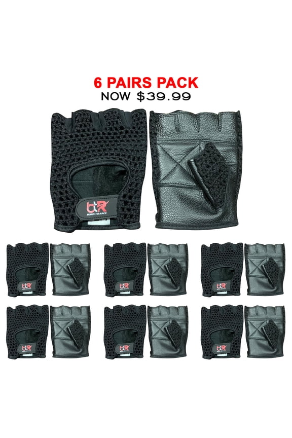 6 Pairs Pack Chauffeur Driving Gloves Mesh Net Fingerless Cowhide Leather Palm Cotton Crochet Back Cycling, Wheelchair Gloves Black-S