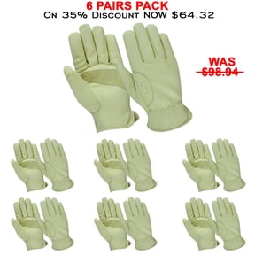 6 Pairs Pack Cowhide Leather Work Gloves, Reinforced Durable Construction, Safety Gloves for Gardening, Driving, Hand Tools & Forestry, Bone White-2XL