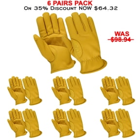 6 Pairs Pack Cowhide Leather Work Gloves, Reinforced Durable Construction, Safety Gloves for Gardening, Driving, Hand Tools & Forestry, Yellow-M