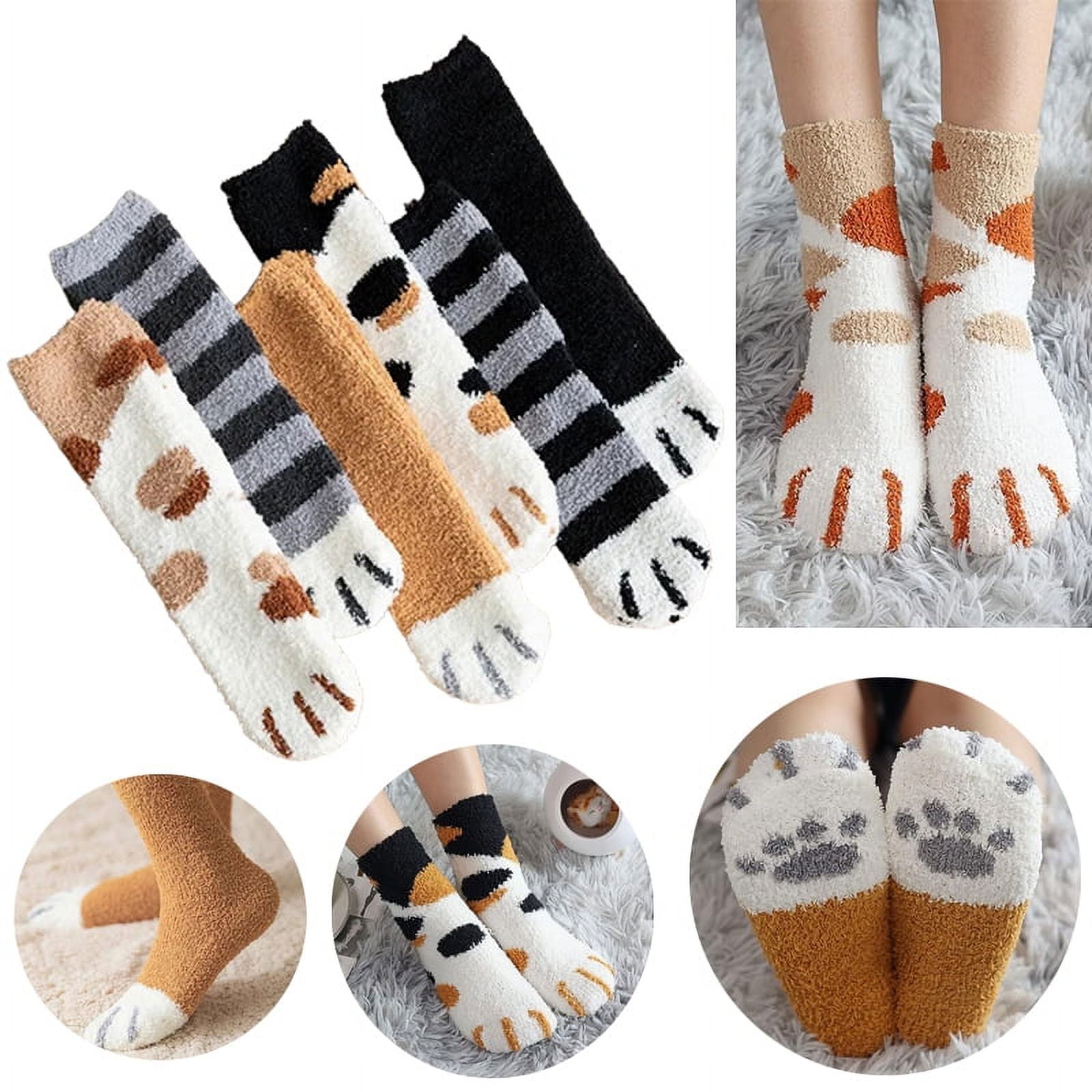 6 Pairs Pack Cute Cat Paw Fluffy Socks Autumn Winter Women Funny Cartoon  Middle Tube Crew Socks,Brown spots 