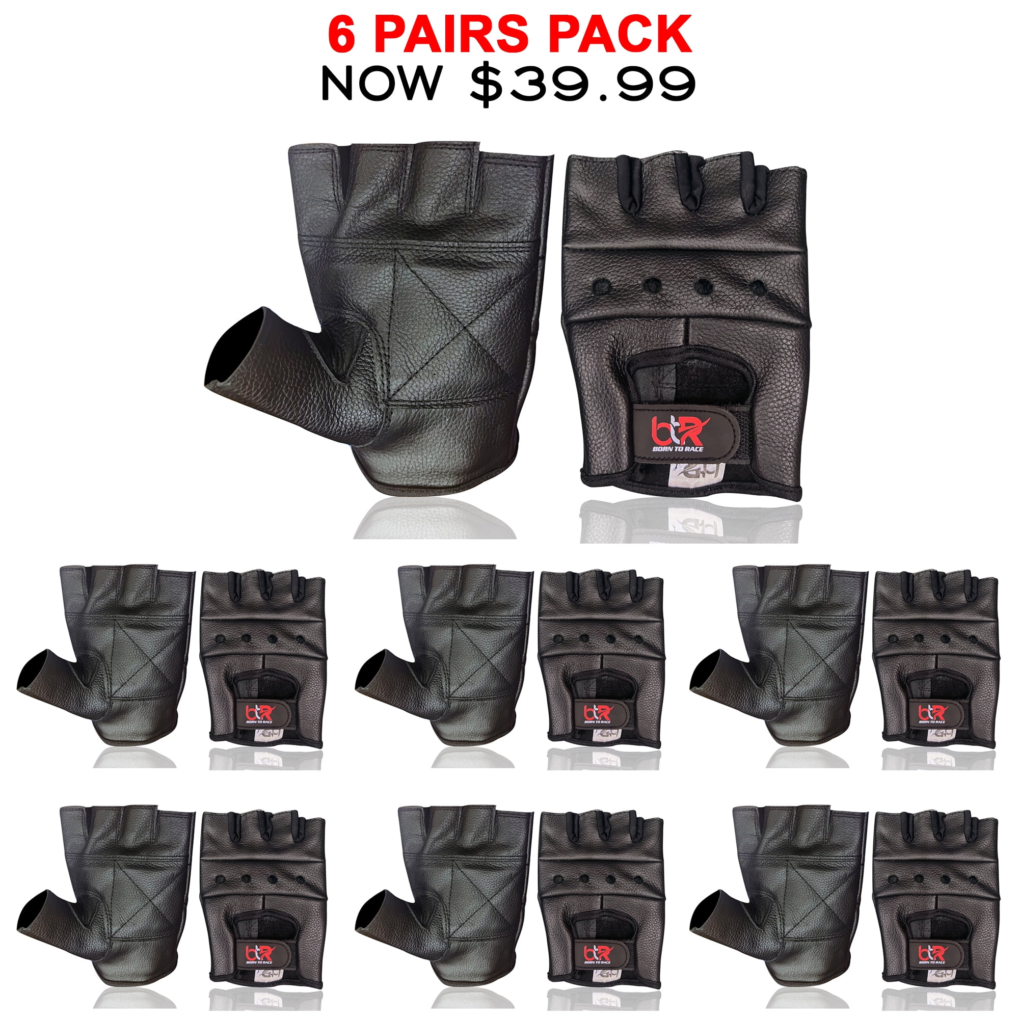 6 Pairs Pack Driving Gloves Cowhide Leather Fingerless Motorcycle Driver, Cycling, Weight Lifting Open Knuckle Gloves Black-3XL