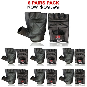 6 Pairs Pack Driving Gloves Cowhide Leather Fingerless Motorcycle Driver, Cycling, Weight Lifting Open Knuckle Gloves Black-S