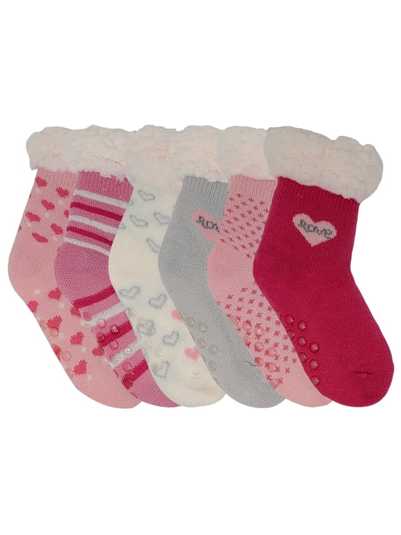 6 Pairs Pack KIDS Girls Sherpa Fleece Lined Home Non Skid Cupids Valentine Slippers Socks Christmas Stocking with Gripper
